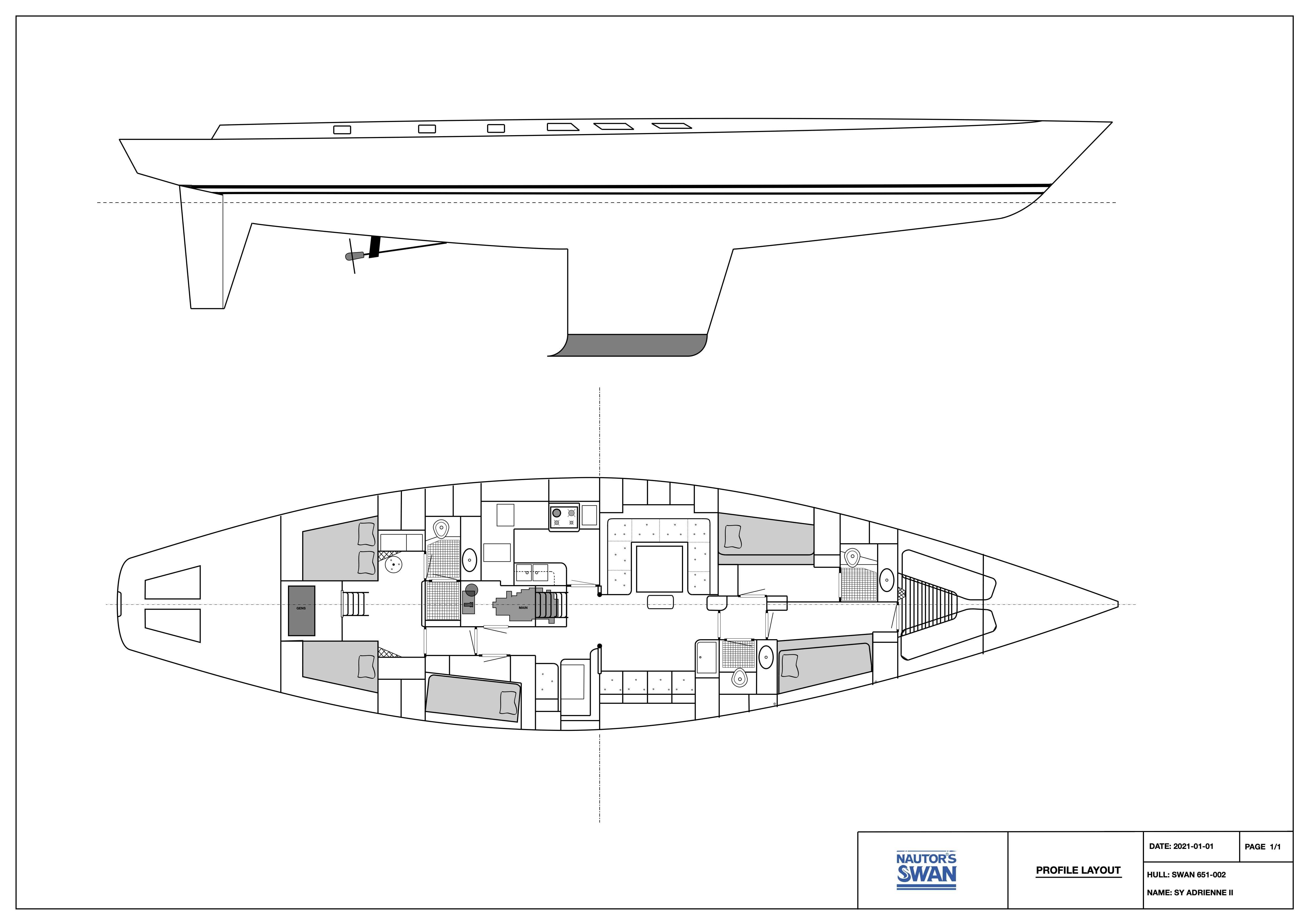Adrienne II — hull profile and interior layout (Nautor Swan)