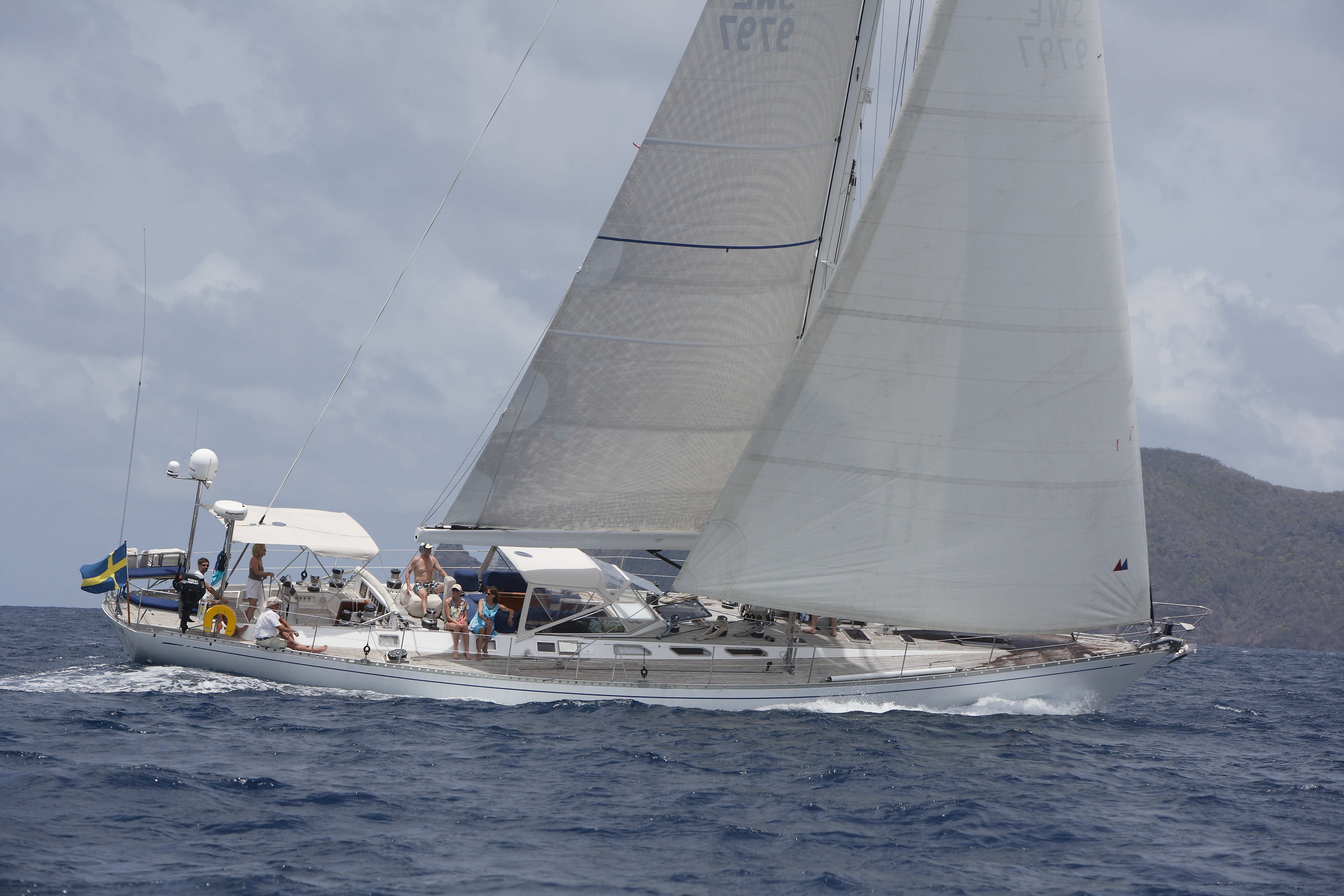 Adrienne II under sail in the Caribbean, sail number 9797 visible